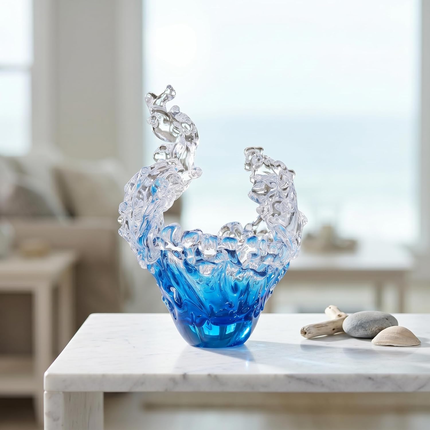 Blue and Clear Glass Wave Art