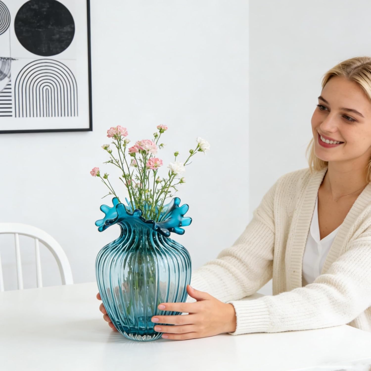 Blue Ribbed Blown Glass Vase