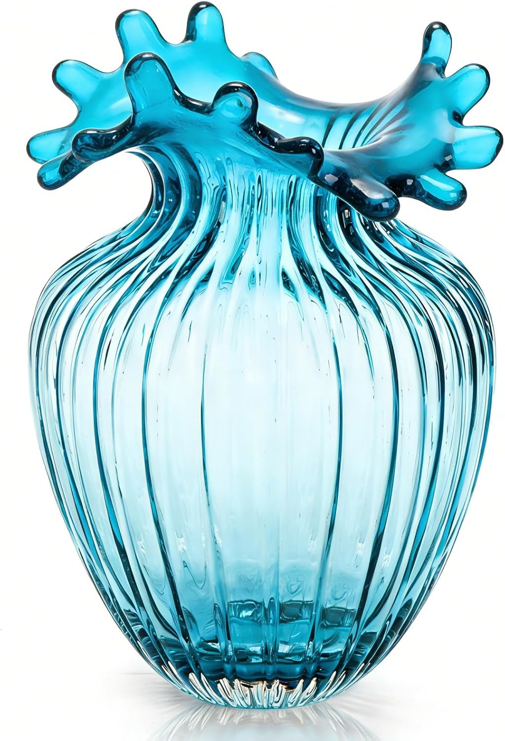 Blue Ribbed Blown Glass Vase